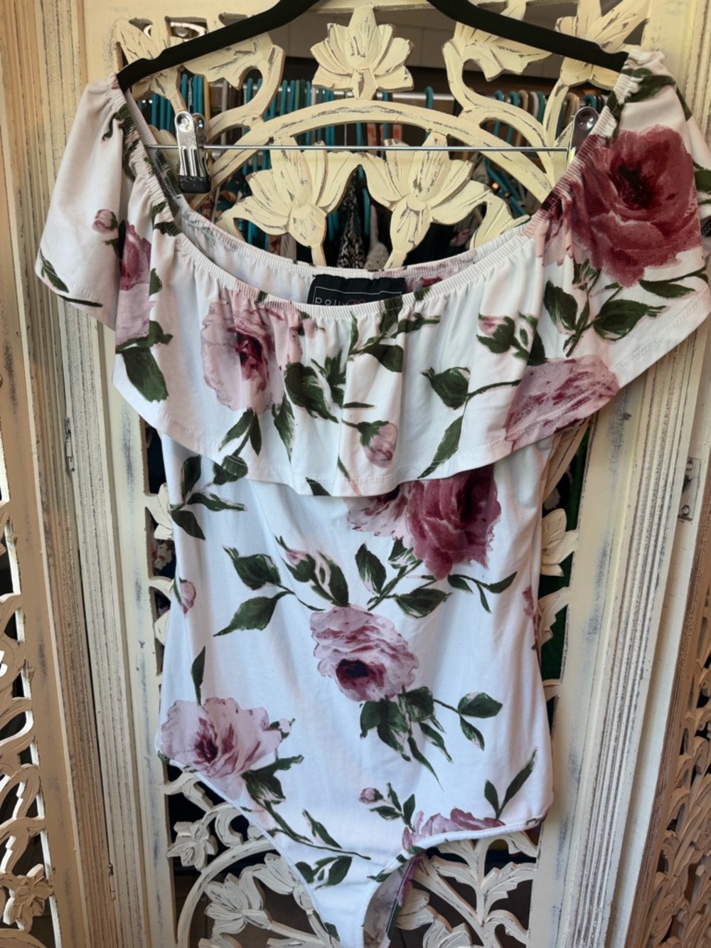 Off-Shoulder Floral Bodysuit - White with Pink Rose Print